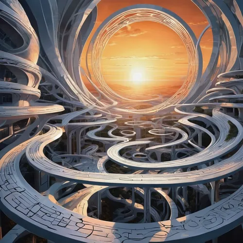 As the sun set, the world transformed into a negative image - describe the eerie atmosphere,time spiral,spiral background,flow of time,spiral,spirals,spiralling,vortex,stargate,fractal environment,fra