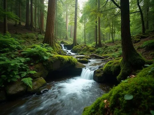 A nature photograph capturing a serene forest scene. The main subject is a cascading waterfall that flows over moss-covered rocks, surrounded by lush green ferns and trees. The visual attributes inclu