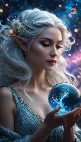 fantasy picture,fantasy art,arkenstone,fantasy portrait,white rose snow queen,amalthea,the snow queen,elvish,faires,fantasy woman,crystal ball,galadriel,lorien,fairie,faerie,faery,spellcasting,3d fantasy,magickal,spellbinder,Photography,General,Fantasy