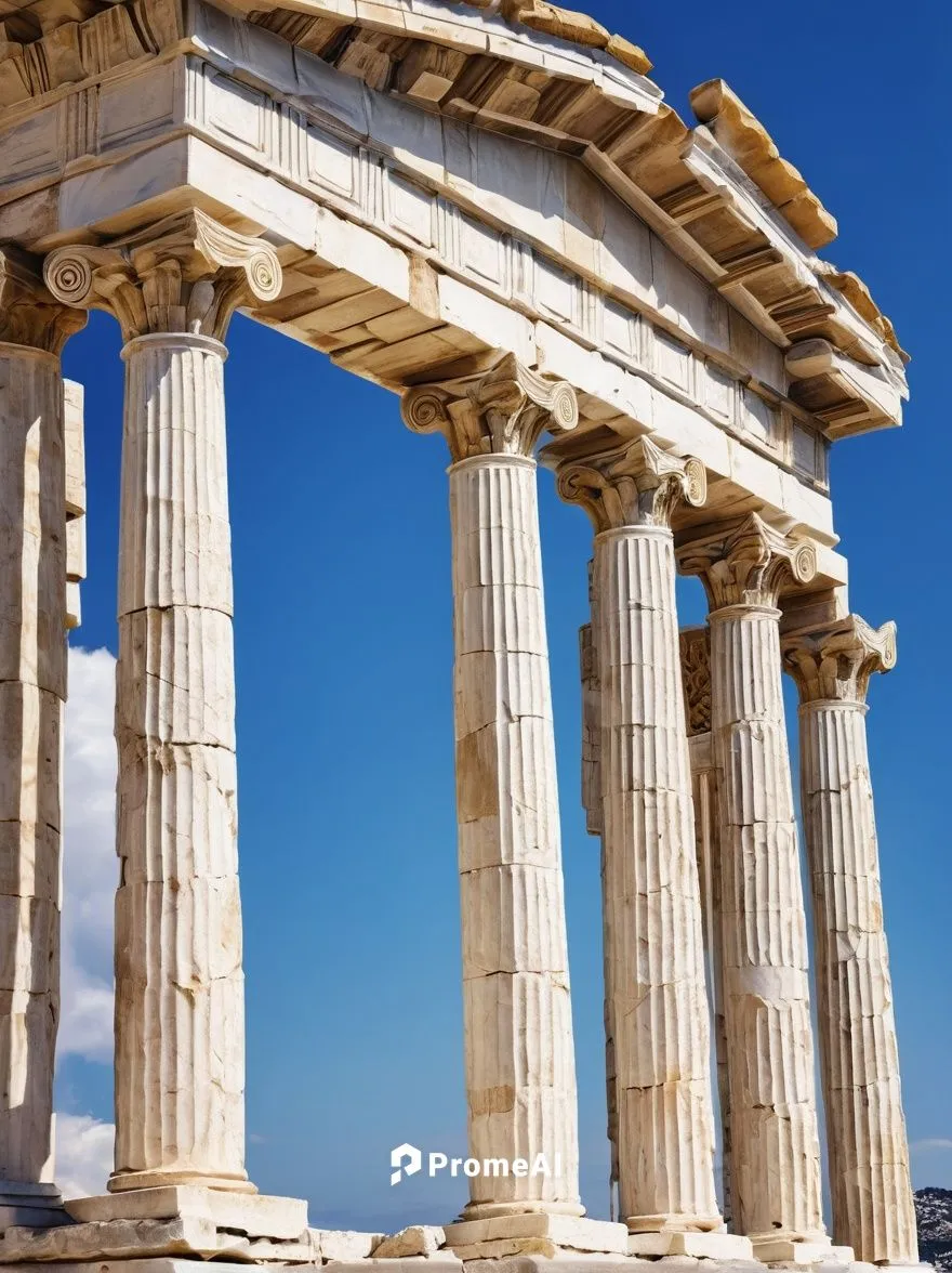 Ancient Greek temple, Doric columns, ornate carvings, white marble, intricate frieze, pediment sculpture, statues of gods, Athens, sunny day, blue sky with few clouds, warm ambient light, 3/4 composit