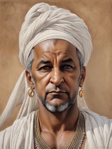 The intricate details of a unique portrait depict a majestic North African man with piercing eyes and muscular arms and he has a rugged demeanor. The painting is an intricate and captivating piece tha