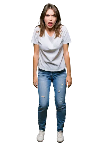 Frightened woman, horror character, screaming face, messy brown hair, dark eye circles, pale skin, bloodshot eyes, torn white shirt, ripped jeans, bare feet, standing, spotlight shining down, dramatic