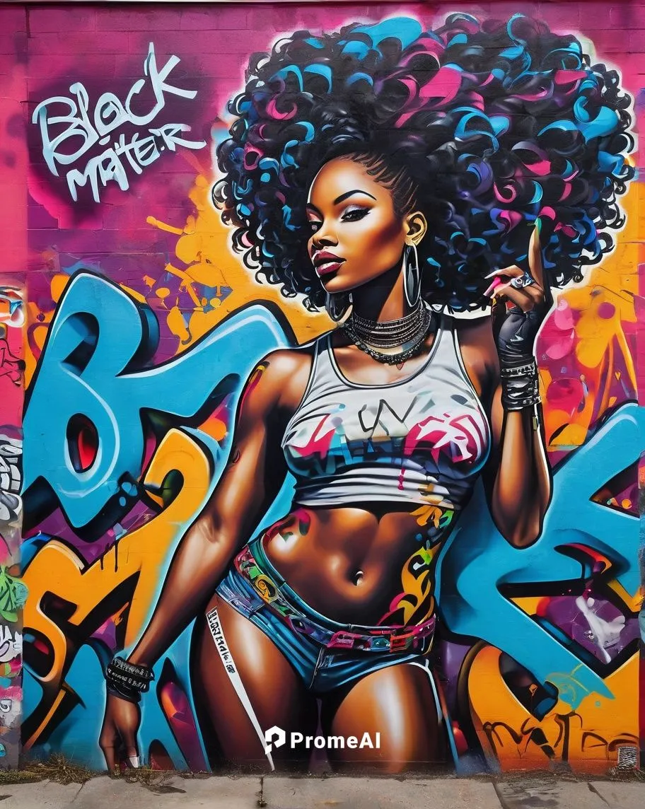 mural, graffiti style, airbrush, depicting the beauty of the black female body; sensual; vibrant colors; nearly black skin; representing the Black Lives Matter movement;,graffiti,graffiti art,grafitti