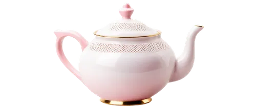 cute teapot, porcelain material, gold trim, delicate handle, tiny spout, pink ribbon tied around neck, white lace doily underneath, steam rising, 3/4 composition, soft focus, warm lighting, pastel col