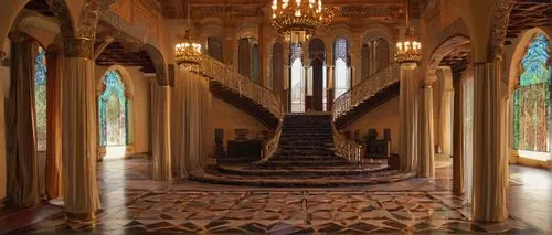 hallway,royal interior,alcazar of seville,ornate room,entrance hall,corridor,entranceway,crown palace,foyer,staircase,alcazar,outside staircase,corridors,chateauesque,grandeur,ornate,hall of the fallen,palatial,palladianism,opulently,Illustration,American Style,American Style 07