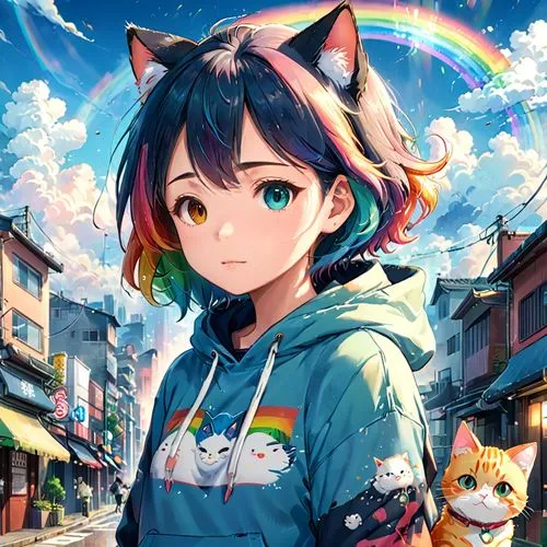 nyan,ognyan,rainbow background,neko,nya,calico cat,Anime,Anime,Realistic