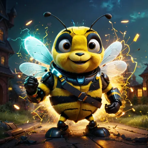 electric sparks surrounding a happy dancing bumble bee,cartoon character dressed as a bee posing for a po,bombyx,heath-the bumble bee,bee,metabee,boultbee,bumblebee fly