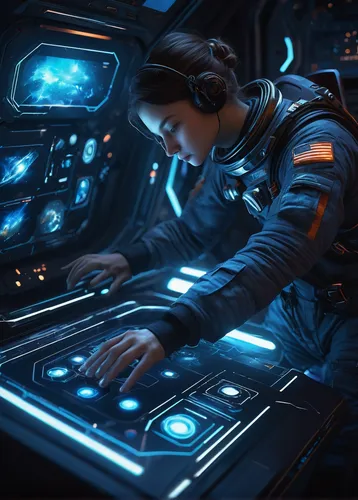 sci fiction illustration,operator,astronaut,cg artwork,girl at the computer,space art,andromeda,scifi,headset,lost in space,flight engineer,spaceship space,space voyage,passengers,astronautics,space travel,aquanaut,sci - fi,sci-fi,sci fi,Photography,Documentary Photography,Documentary Photography 36