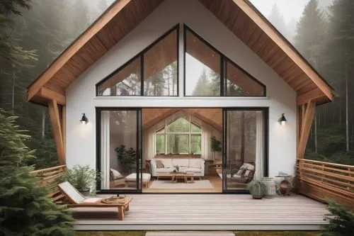 Scandinavian style, cozy wooden house, steep pitched roof, white exterior walls, large windows, sliding glass doors, minimalist decor, natural wood accents, beige curtains, lush greenery surroundings,