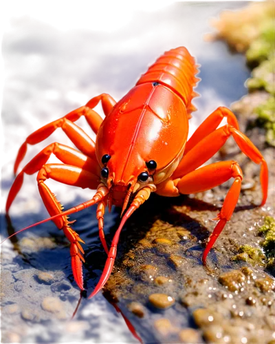 Crayfish, orange-red shell, large claws, whisker-like antennae, segmented body, freshwater habitat, close-up shot, shallow depth of field, warm lighting, detailed texture, realistic rendering.,freshwa