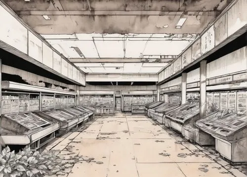 empty factory,warehouses,warehouse,warehousing,supermarket,commissary,grocery store,industrial hall,grocery,abandoned factory,empty hall,manufactory,empty interior,grocer,packinghouse,storeroom,factory hall,aisle,hangars,factory,Illustration,Paper based,Paper Based 30