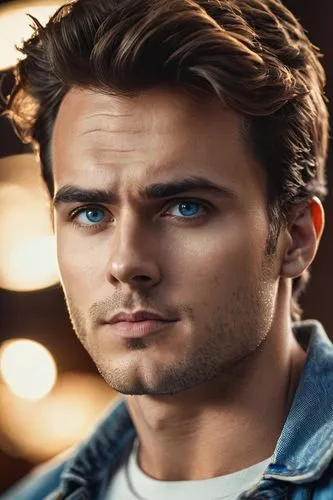 Close-up, male face, serious expression, prominent forehead, thick eyebrows, messy brown hair, slight stubble, bright blue eyes, small nose ring, casual wear, white T-shirt, denim jacket, relaxed post