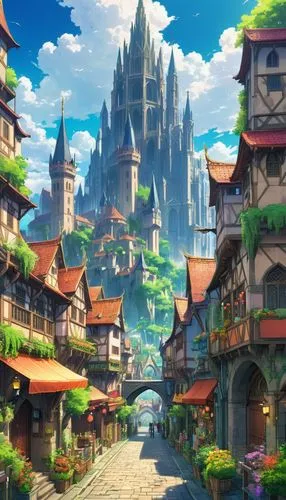 fantasy city,aurora village,meteora,highstein,butka,knight village,Illustration,Japanese style,Japanese Style 03