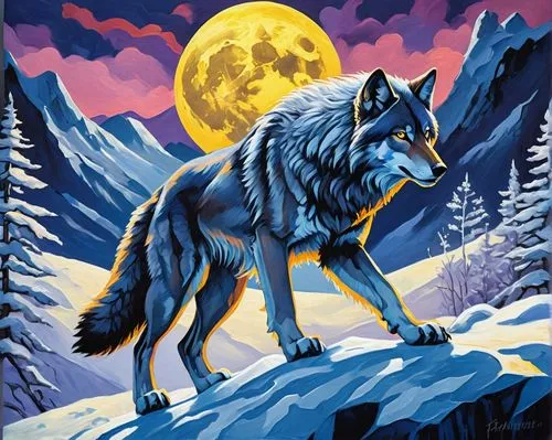 Fenrir, Greyback Wolf form, muscular male, furry grey back, sharp claws, piercing yellow eyes, strong jaws, fluffy tail, standing on all fours, snow-covered mountain, full moon, misty atmosphere, maje