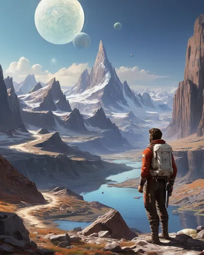 fantasy landscape,futuristic landscape,mountain world,sci fiction illustration,world digital painting,the wanderer,digital nomads,desert planet,giant mountains,barren,wanderer,plains,desert landscape,travelers,concept art,zion,landscape background,earth rise,terraforming,mountains,Art,Classical Oil Painting,Classical Oil Painting 12