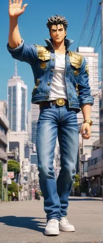 Joseph Joestar, Jotaro Kujo, standing, waving goodbye, smiling face, iconic hair, denim jacket, white shirt, blue jeans, sneakers, sunny day, clear sky, urban background, Tokyo cityscape, detailed bui