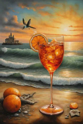 aperol,spritz,sailing orange,aperitif,tequila sunrise,campari,valencia orange,orange drink,orange tree,cointreau,coctail,negroni,orange soft drink,agua de valencia,cocktail,oil painting on canvas,fruitcocktail,bellini,sea beach-marigold,malibu rum,Illustration,Realistic Fantasy,Realistic Fantasy 34