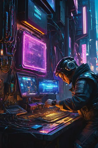 cyberpunk-themed illustration, futuristic weapon, disassembling mods, detailed hands, mechanical tools, neon lights, dark alley, cybernetic enhancements, close-up, high-tech workbench, scattered parts