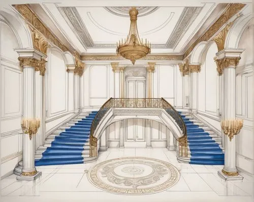 staircase,cochere,neoclassical,proscenium,staircases,winding staircase,marble palace,renderings,archly,outside staircase,circular staircase,3d rendering,europe palace,cassation,entrance hall,stairs,palatial,palladianism,entranceways,ballroom,Unique,Design,Blueprint