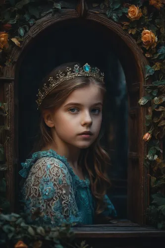 mystical portrait of a girl,girl in a wreath,fantasy portrait,cinderella,princess sofia,child portrait,children's fairy tale,princess crown,the little girl's room,little princess,girl in flowers,young girl,fairy tale character,little girl fairy,fairy queen,fairy tale,the little girl,crown render,golden crown,magic mirror,Photography,General,Fantasy