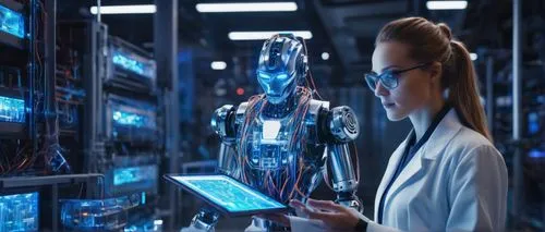 Robot AI generator, futuristic laboratory, metallic structure, glowing blue circuits, wires tangled around machinery, LED lights flashing, holographic screens displaying data streams, scientist in a w