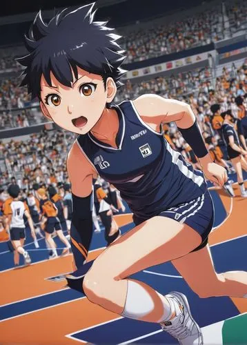 Hinata Hyuga, Ai Hayasaka, realistic, Shonen Jump, Haikyuu!!, volleyball team, high school student, athletic build, short spiky hair, sharp eyes, focused expression, sporty wear, jersey and shorts, sn