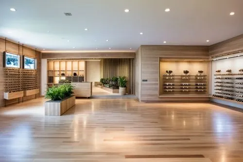 An eyewear retail store interior design, light oak wood grain, grey terrazzo, light beige matte wall and ceiling paint, sunglasses and glasses display,a large room with a wall with a display case and 