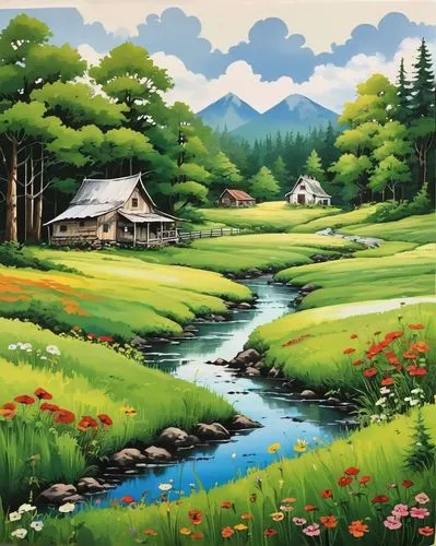 meadow landscape,landscape background,home landscape,salt meadow landscape,rural landscape,japan landscape,mountain scene,nature landscape,river landscape,summer cottage,mountain meadow,landscape nature,mountain landscape,khokhloma painting,springtime background,idyllic,farm landscape,forest landscape,south korea,meadow and forest,Illustration,Paper based,Paper Based 09