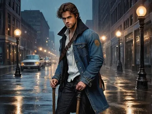 Harry Dresden, wizard, solo, (30s), messy brown hair, piercing blue eyes, worn denim jacket, white shirt, black jeans, scuffed combat boots, holding staff, Chicago, cityscape, rainy night, street lamp