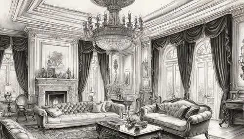 ornate room,victorian room,parlor,royal interior,sitting room,ballrooms,lanesborough,opulently,livingroom,opulence,ballroom,interiors,breakfast room,opulent,living room,palatial,claridges,clubroom,parlour,neoclassical,Illustration,Black and White,Black and White 30