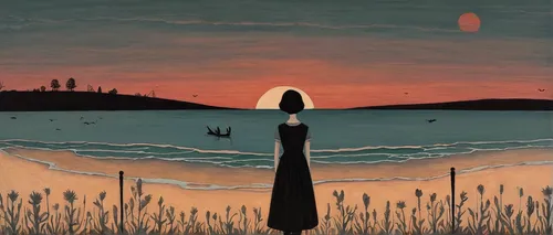 olle gill,gondola,wherry,man at the sea,tommie crocus,andreas cross,girl in a long,canoe,evening lake,sea night,evening atmosphere,girl in a long dress,james handley,han thom,boat landscape,shirakami-sanchi,gloaming,buoy,dusk,lan thom,Illustration,Abstract Fantasy,Abstract Fantasy 05