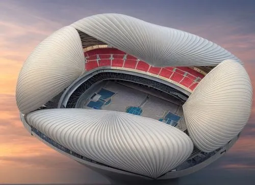 A perspective of a stadium inside a city with lights on the facades and beautiful formations and very, very beautiful curved lines,inflatable ring,costa concordia,lifebuoy,life buoy,paraglider inflati