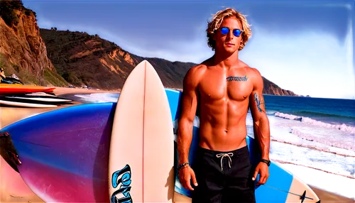 Young adult, surfer, male, athletic build, messy blonde hair, bright blue eyes, tanned skin, tattoos on arms, beach shorts, sunglasses, surfing board under arm, standing on beach shore, relaxed pose, 