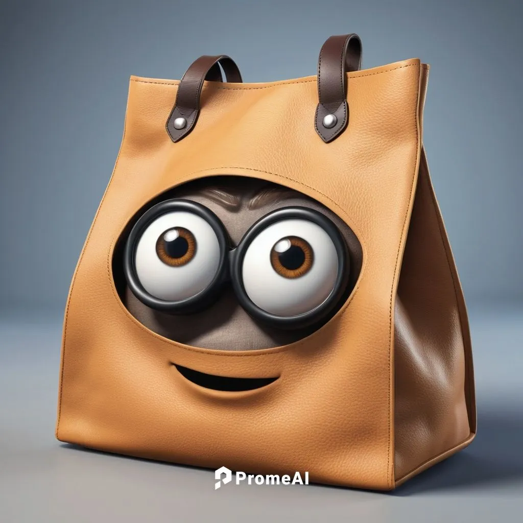 Create a cute and humorous cartoon image. of a bad case. of a CGI bag with two big round eyes. A robber's case. A bag disguised as a thief.,shopping bag,paper bag,shopping bags,volkswagen bag,paper ba