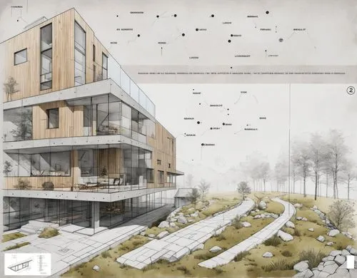 straight lines, wood elements,architectural drawings of a large building with a sloping design,arkitekter,europan,cohousing,mvrdv,aalto,bjarke,architektur,miralles,kirrarchitecture,arhus,kerava,tapiol