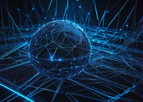 Self-organizing map architecture, futuristic, sci-fi, abstract background, grid-based neural network, glowing blue lines, spherical nodes, complex connections, holographic projections, metallic struct