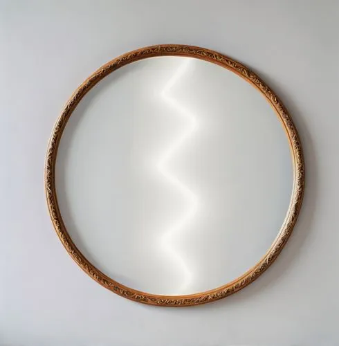 A mirror frame made of wood against a white background ,a circular mirror hanging on a wall near a door,wood mirror,circle shape frame,semi circle arch,mirror frame,fibonacci spiral,circular puzzle,Co