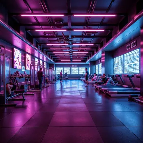 Neon-lit fitness club, metallic surfaces, glossy floors, LED light installations, futuristic equipment, sleek machines, high-tech gadgets, virtual reality zones, holographic displays, iridescent color