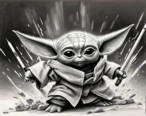 yoda,chalk drawing,wicket,sphynx,goblin,skylanders,cg artwork,flickering flame,jedi,starwars,sci fiction illustration,luke skywalker,wreck self,star wars,force,scandia gnome,clone jesionolistny,graphite,pencil art,charcoal drawing,Illustration,Black and White,Black and White 30