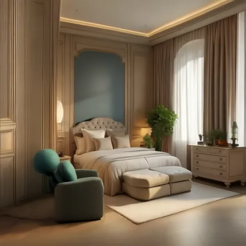 a bedroom is neatly decorated with furniture and curtains,chambre,bedrooms,modern room,bedroom,interior decoration,danish room