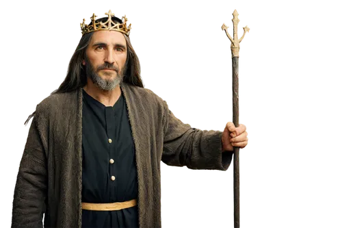 Jesus Christ, long white beard, kind eyes, gentle smile, robes with golden trim, crown of thorns, nail scars on hands, holding a staff, standing in a bright light, soft focus, warm color tone, shallow