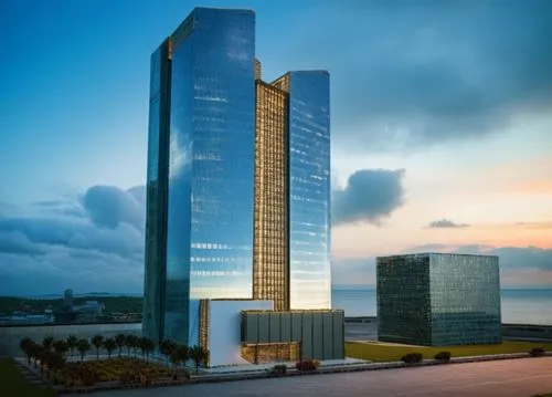 three high rise skyscrs in a beautiful landscape,gdynia,escala,rotana,azrieli,luanda,hotel barcelona city and coast,Photography,General,Cinematic