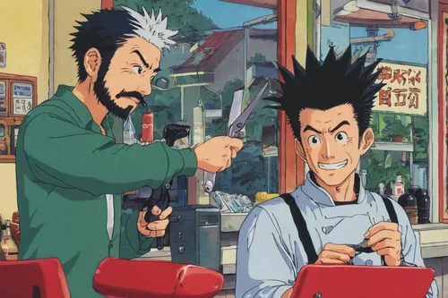 barber shop,pompadour,barber,barbershop,chonmage,sakana,izakaya,convenience store,japanese chisel,anime cartoon,takikomi gohan,katsudon,hi-top fade,anime japanese clothing,the long-hair cutter,kinomichi,bazaruto,game arc,street cafe,butcher shop,Illustration,Japanese style,Japanese Style 05