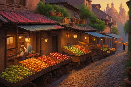 fruit market,vegetable market,greengrocer,medieval market,farmer's market,fruit stand,farmers market,marketplace,souk,spice market,market,the market,market vegetables,grocer,cart of apples,fruit stands,merchant,grocery,large market,market place,Illustration,Realistic Fantasy,Realistic Fantasy 27