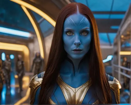 A young (((20 years old))) Karen Gillan as Nebula (((She has dark long straight hair, blue skin color and golden eyes))), in an alternate Marvel Universe. This takes place in the nineties and the back