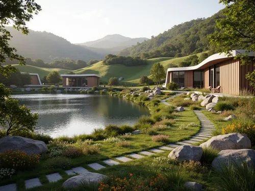 3d rendering,render,house in the mountains,home landscape,snohetta,house in mountains,landscaped,ecovillages,summer cottage,golf resort,3d rendered,japanese zen garden,house with lake,grass roof,zen garden,alpine landscape,ecovillage,3d render,idyllic,floating huts