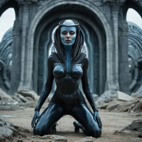 Make her full body, kneeling, with pale blue skin, dark spacesuit tight to her body, H. R. Giger style, with her alien hair reaching the ground. The setting is the ruins of an alien civilization, on a