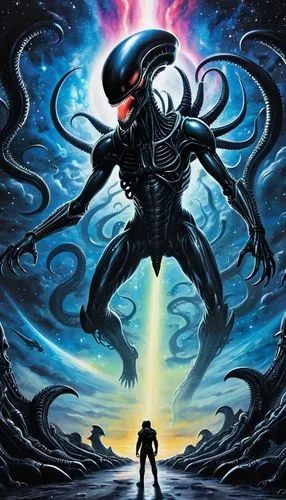 in the vast expanse of a sky filled with swirling black stars and glowing stars echoes across the canvas. In the center of the scene, a ((xenomorf allien)) white, revealing a breathtaking scene that t