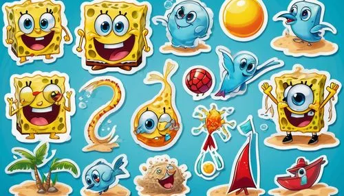 Shriveled worm SpongeBob, excited facial expression, bright blue eyes, porous yellow skin, white shirt with a red tie, brown square pants, optimistic posture, standing on a sandy beach, clear turquois