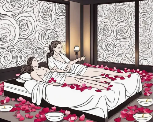japanese-style room,beauty room,spa,bridal suite,china massage therapy,romantic scene,relaxing massage,day spa,tea ceremony,ikebana,honeymoon,thai massage,rose petals,woman on bed,bedroom,romantic night,day-spa,rose water,luxury bathroom,japanese art,Illustration,Black and White,Black and White 05
